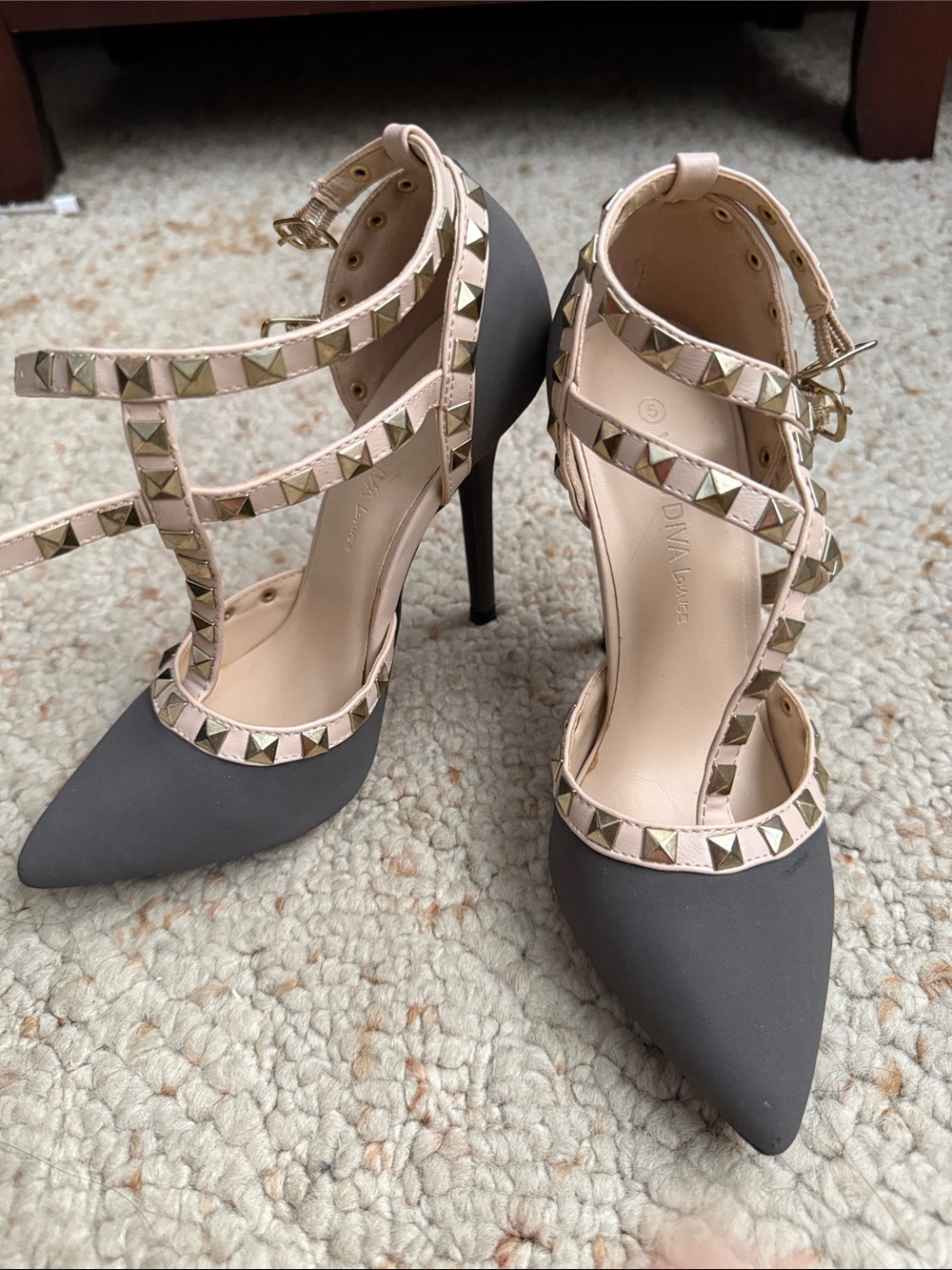Wild Diva Taupe Pointed Toe Studded T-Strap Heels with Nude Straps